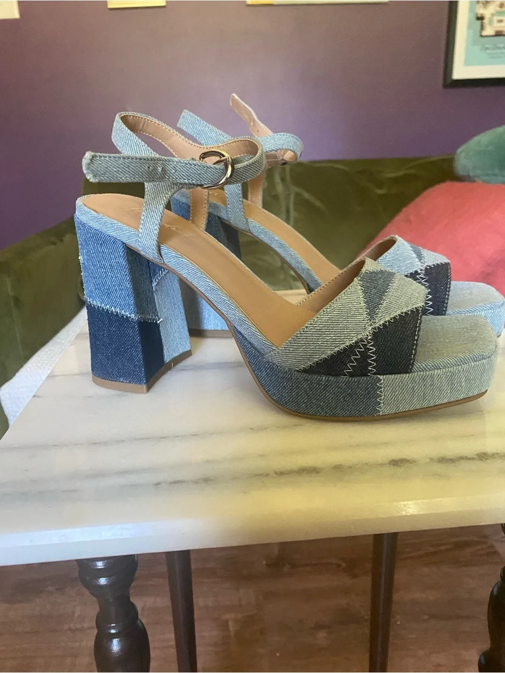 Wonderly Patchwork Denim Platform Sandals - Light & Dark Blue